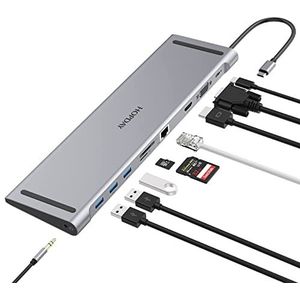 HOPDAY 10-in-1 USB-C-hub, dockingstation voor laptop met drie schermen voor MacBook en Windows (HDMI 4K, VGA, PD 100W, Ethernet, SD/TF Card Slot, 2 USB-poorten, 3,5 mm audio)