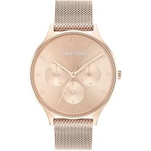 Calvin Klein Multifunctioneel analoog kwartshorloge voor dames met Milanese armband van roestvrij staal in lichtroze gouden kleur - 25200102, Gouden oogje, Armband