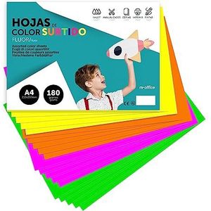 Gekleurd karton, A4, verschillende kleuren, fluor, 180 g gekleurde vellen voor knutselen, documenten afdrukken en creatieve tekeningen, A4 gekleurde vellen · m-office (x250 fluorassortiment)