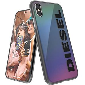 Diesel iPhone X hoes, iPhone XS hoes, iPhone X hoes, holografische flip case, stootvast, valbescherming, hoes met verhoogde rand, holografische kleur/zwart