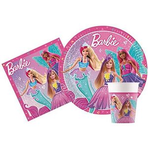 Ciao - Tafelset voor feest, Barbie Fantasy mensen (88 stuks borden Ø 23 cm, 24 bekers, 40 servetten) servies, effen, AZ042, roze.