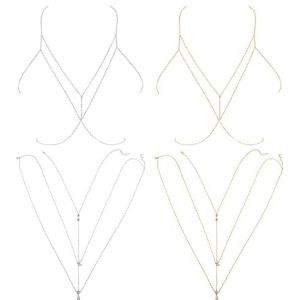 RoadLoo Set van 4 kettingen voor bikini-beha, lichaamsketting voor dames, gouden en zilveren lichaamsketting, borstketting, sexy accessoire, kruis, geschikt voor vrouwen voor feestjes, Kristal,