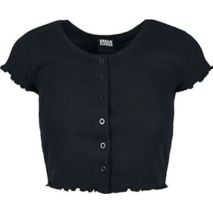 Urban Classics Dames T-shirt met korte mouwen met knoopsluiting en rolzoom Cropped motief in vele kleuren maten XS-5XL, zwart.