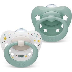 NUK Signature siliconen fopspeen in set van 2, BPA-vrij, voor baby's van 0-6 maanden, met etui met groene sterren