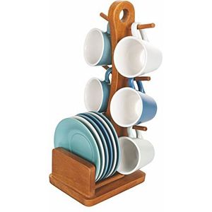 Villa d'Este Home Tivoli Set van 6 koffiekopjes met schotel van aardewerk, houten standaard, Shade of Ocean, lichtblauw, medium