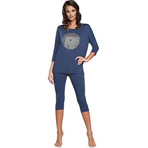 Italian Fashion IF Tweedelige dameslegging met 3/4 mouwen, 3/4 viscose, elegant, sexy, comfortabele zomerpyjama, blauw/goud