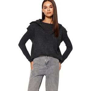 Trendyol Pull basique en tricot à col polo pour femme, Anthracite, S