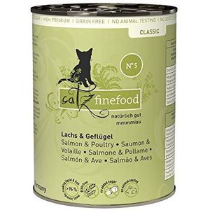 catz finefood Nr. 5 zalm & gevogelte fijn voer voor katten, vochtig, geraffineerd met spinazie en tomaten, 6 x 400 g dozen