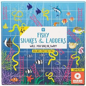 Talking Tables Slangen en ladders met het thema vis voor kinderen. Klassiek gezelschapsspel voor kinderen en gezinnen met educatief bestand over de oceaan (slangenvissen)