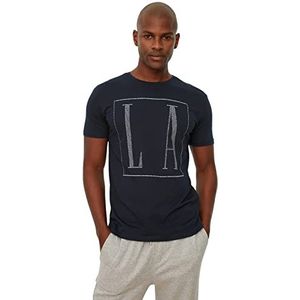 TRENDYOL Heren T-shirt, ronde hals, gebreid, marineblauw, S, Navy Blauw