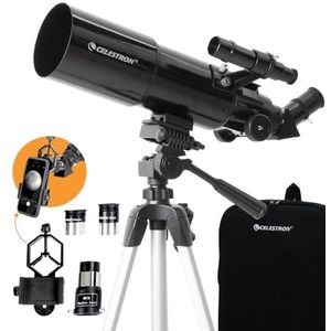 Celestron 22030 Travel Scope draagbare refractor telescoop met 80 mm lens, volledig behandelde glazen optiek, astronomie software suite, smartphone-adapter voor digiscoping