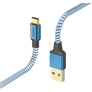 Hama Reflectieve oplaadkabel en gegevensoverdracht (USB-A-stekker naar USB-C, USB 2.0, verguld, 480 MBit/s, 20 V, 3 A, kabellengte 1,5 m) blauw