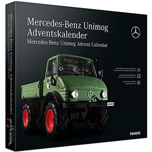 FRANZIS 55406 - Mercedes-Benz Unimog Adventskalender van groen metaal in schaal 1:43 met geluidsmodule en 52 pagina's begeleidingsboek