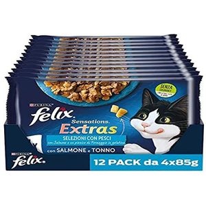 Purina Felix Sensations Extra's kattenvoer met zalm en een vleugje kaas en tonijn en een vleugje kaas, 48 verpakkingen van 85 g per stuk