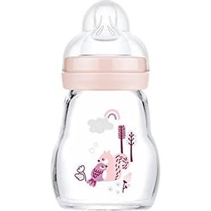 MAM Feel Good Glazen fles, 170 ml, met brede opening, stabiele babyfles met fopspeen, maat 1, vanaf de geboorte, eekhoorntje / vogel