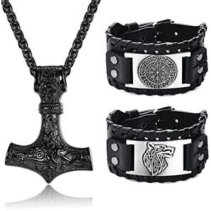 Adramata Viking halsketting Viking-armbanden voor mannen, amulet, sieraden, Thor's hamer, halsketting, Scandinavisch, vegvisir, Viking-armband, wolf Fenrir armbandset, roestvrij staal