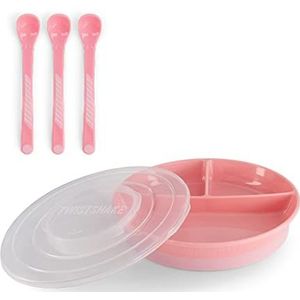 Twistshake Babyserviesset | gesplitst bord + bestek met 3 lepels | BPA-vrij | voedingstrainingsset voor kinderen | roze
