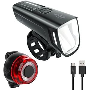 ANSMANN Fietsveiligheidslampenset – fietsverlichting bestaande uit koplamp met een vermogen van 180 lumen, rood achterlicht, USB-kabel en bevestigingen – oplaadbare fietslamp set