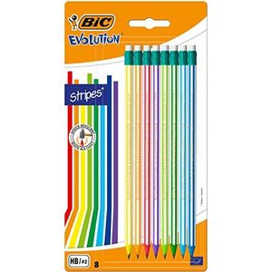 BIC Evolution Stripes met gum HB potloden met geïntegreerde gum, verschillende kleuren, blisterverpakking met 8 stuks