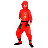 WIDMANN Rode Dragon Ninja (capuchonjas, broek, riem, gezichtsmasker, arm en beenband) - (140 cm / 8-10 jaar)