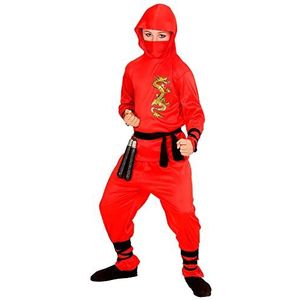 WIDMANN Rode Dragon Ninja (capuchonjas, broek, riem, gezichtsmasker, arm en beenband) - (140 cm / 8-10 jaar)