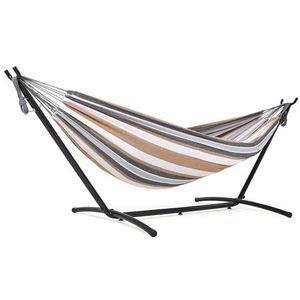 Mondeer Hangmat met standaard, dubbele stof, campinghangmat met metalen frame, draagtas tot 200 kg voor camping, reizen, terras, buitentuin, geelbruin