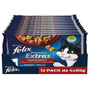 Purina Felix Sensations Extra's nat voer voor katten met rundvlees en een kruisje van kaas, met kip en een knuttang, 48 zakjes van 85 g