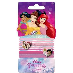 De kleine zeemeermin, Belle en Jasmijn accessoireset, 8 haarelastiekjes, roze, multicompositie, grenen met het gezicht van de prinsessen, origineel product ontworpen in Spanje