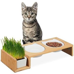 Relaxdays Kattenvoerbak met kattenkruidkom, 2 keramische voerbakken van elk 400 ml, vaatwasmachinebestendig, kattenbar, natuurlijk bamboe en wit