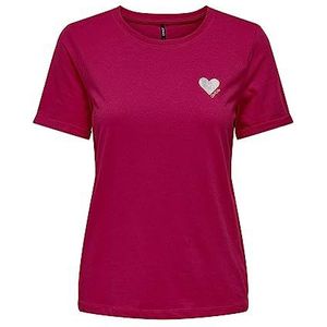 ONLY Onlkita Life S/S T-shirt voor dames, Noos Logo, Kersen/druk: hart met zilveren pailletten