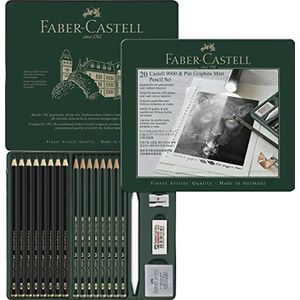 Faber-Castell 115224 Pitt Graphite Matt & Castell 9000 potloden, 20 stuks, met papierwisser, gum, kneedgum en puntenslijper