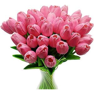 Kunsttulpenbloemen, 10 stuks, echt aanvoelend latex-bloementulpen met bladeren, elegante decoratie voor bruiloft, banket, hoofdkeuken (roze)