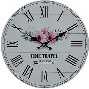 Rebecca Mobili Retro wandklok, decoratieve klok, MDF, wit, zwart, roze, bloemenprint, Shabby Chic stijl, diameter 33,8 cm x d 4 cm, art. RE6807