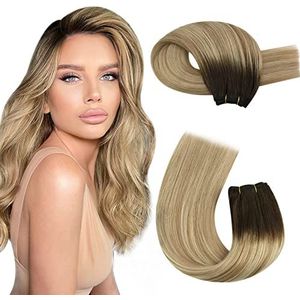 Moresoo Echt haar, Braziliaans haar, natuurlijk haar, 50 cm, #3, bruin, vervagen naar #8, lichtbruin en #22, blond, echt haar, Weave, 100 g