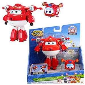 Super Wings Transforming Airplane Supercharged Jett en Super Pet Jett, speelgoed voor kinderen vanaf 3 jaar, transformeerbare vliegtuigen met bewegings- en lichtfunctie, Rood