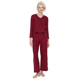 Trendyol Dames pyjamaset, effen, gebreid, T-shirt en broek, bordeauxrood, XL, Bourgondië