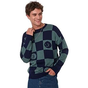 Trendyol Geruite ronde hals slim fit trui trainingspak heren, blauw, L, Blauw