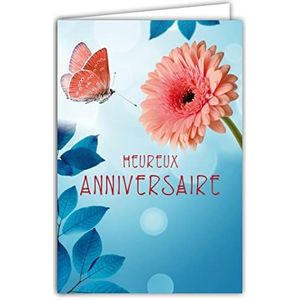Afie 65-1318 wenskaart voor verjaardag voor dames - incl. envelop - gemaakt in Frankrijk - bloem Rose Gerbera, vlinder, boombladeren, hemelsblauw