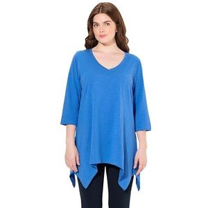 Ulla Popken T-shirt pour femme, grandes tailles, grande taille, ourlet pointu, col en V, manches 3/4, coton biologique, Fleurs bleues., 48-50