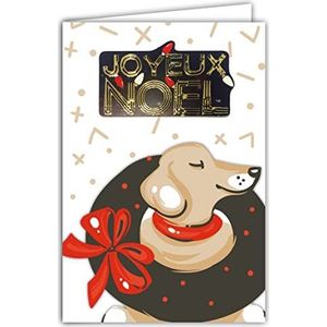 Afie 61-6055 wenskaart Vrolijk Kerstmis met envelop en collage in RELIEF goud glanzend glinsterend Gentil hond glimlach met ketting kerstkrans strik lint rood feest einde van het jaar
