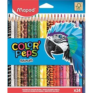 Maped Color'Peps Animals FSC Kleurpotloden, ergonomische driehoekige kleurpotloden, dierversierde potloden, verpakking met 24 houten kleurpotloden FSC-gecertificeerd