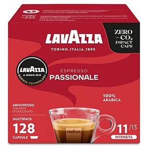 Lavazza, A Modo Mio Passionale, 128 koffiecapsules, voor espresso met karamelnoten en chocolade, 100% Arabica, intensiteit 11/13, donkere roostering, 8 verpakkingen x 16 capsules