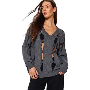 Trendyol Dames Regular Fit Basic V Neck Knitwear Sweater, Antraciet, M, Antraciet, M, Antraciet