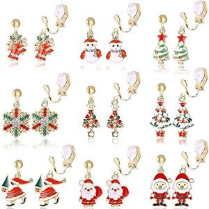 LOLIAS 6-12 paar clip-on oorbellen voor dames, sneeuwvlokken, sneeuwvlokken, kerstman, eland, sneeuwpop, klokken, schattig kerstcadeau, Metaal koper