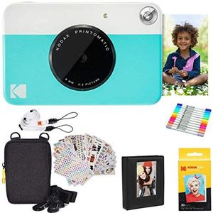 KODAK Printomatic Instant Camera cadeauset blauw + zink papier (20 vellen) + etui + 7 sets stickers + markers + fotoalbum
