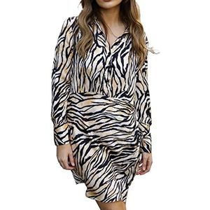 Pretty Darling Bruine zebra-satijnen overhemdjurk, geplooide details, knoopsluiting, casual jurk voor dames, Meerkleurig