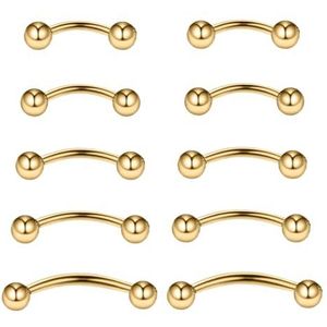 Gojewen 10 stuks gebogen barbells voor wenkbrauwen, lippen, rook, helix, tragus, brug, piercing, buik, piercing, 16 g, roestvrij staal, 6 mm, 8 mm, 10 mm, Metaal