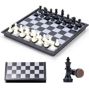 Carehabi Schaakspel voor kinderen, magnetische figuren, draagbaar, opvouwbaar, schaakbord, zwart en wit, voor beginners onderweg (25 × 25 cm)