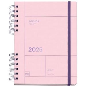 Miquelrius Agenda 2025, jaarplanner 155 x 213 mm, dagplanner, gevoerde kartonnen omslag, duurzaam papier 100 g/m², elastische sluiting, Spaans, Engels en Portugees, roze