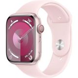 Apple Watch Series 9 (45 mm GPS + mobiel) Smartwatch met roze aluminium behuizing en lichtroze sportarmband (S/M) tracker voor fysieke activiteit, apps voor zuurstof in het bloed en ECG,